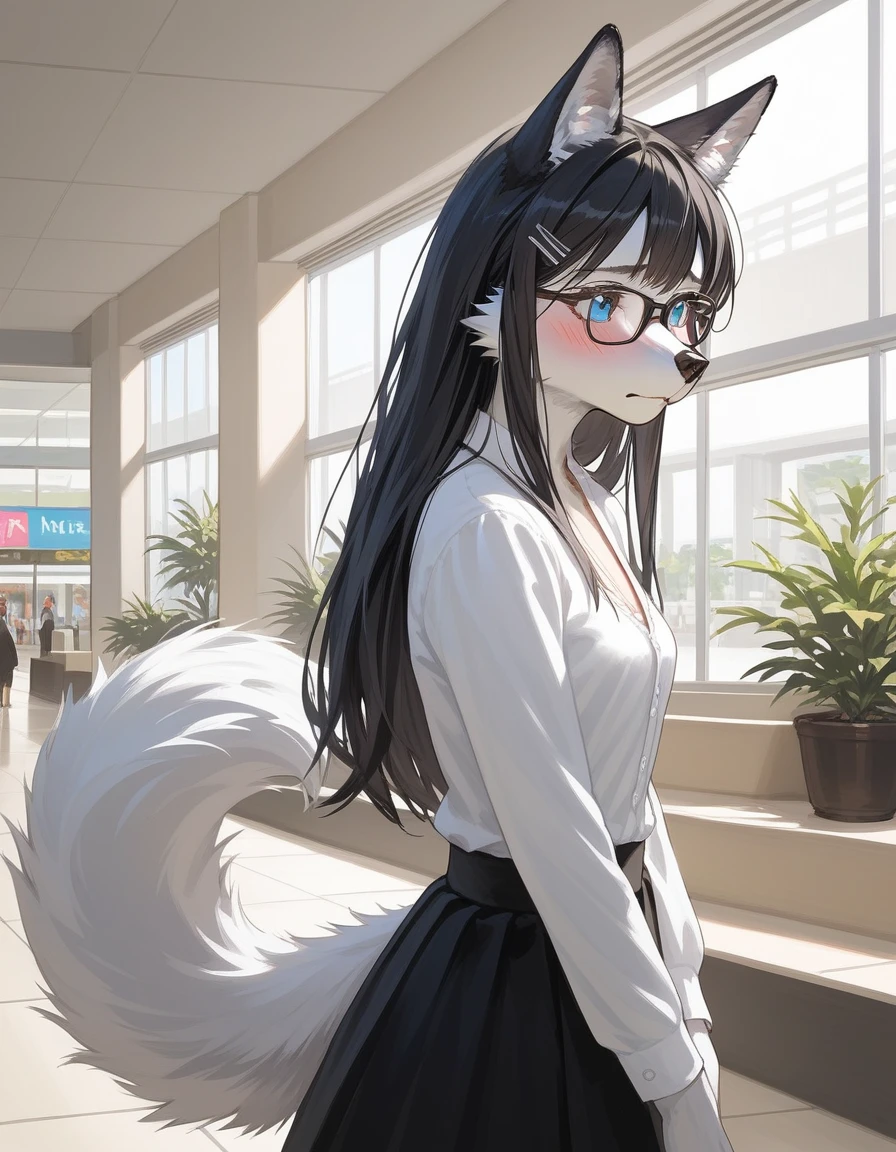 Solo, score_9,score_8_up,score_7_up, source_furry, an Anthro furry wolf girl, wolf snout, white furry body, white fur, detailed fur, tall, long black straight hair, elegant black hair, hair clip, white wolf tail, blue eyes, black glasses, white wolf ears, white wolf tail, small breasts, wearing elegant white blouse, short black skirt, fidgeting, embarrassed expression, blushing, looking away, outdoors at a mall, upper body shot,
