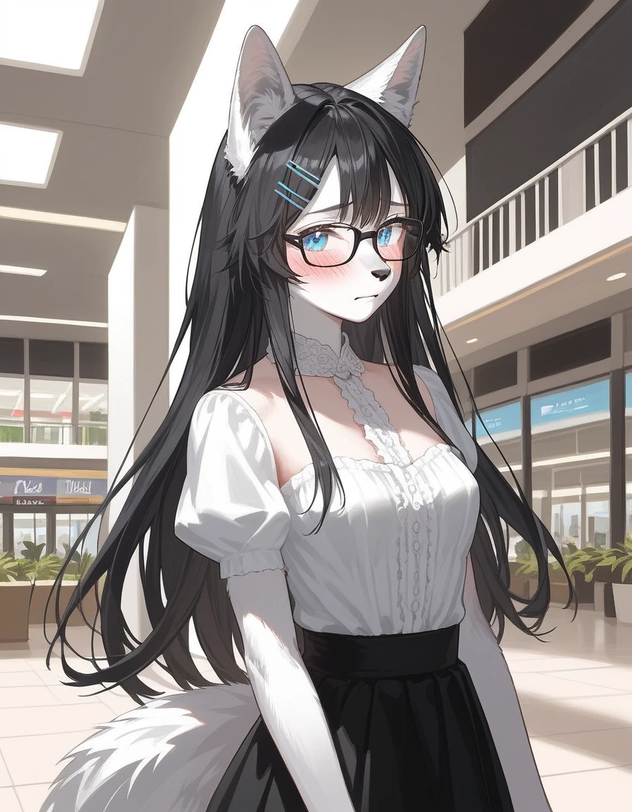 Solo, score_9,score_8_up,score_7_up, source_furry, an Anthro furry wolf girl, wolf snout, white furry body, white fur, detailed fur, tall, long black straight hair, elegant black hair, hair clip, white wolf tail, blue eyes, black glasses, white wolf ears, white wolf tail, small breasts, wearing elegant white blouse, short black skirt, fidgeting, embarrassed expression, blushing, looking away, outdoors at a mall, upper body shot,