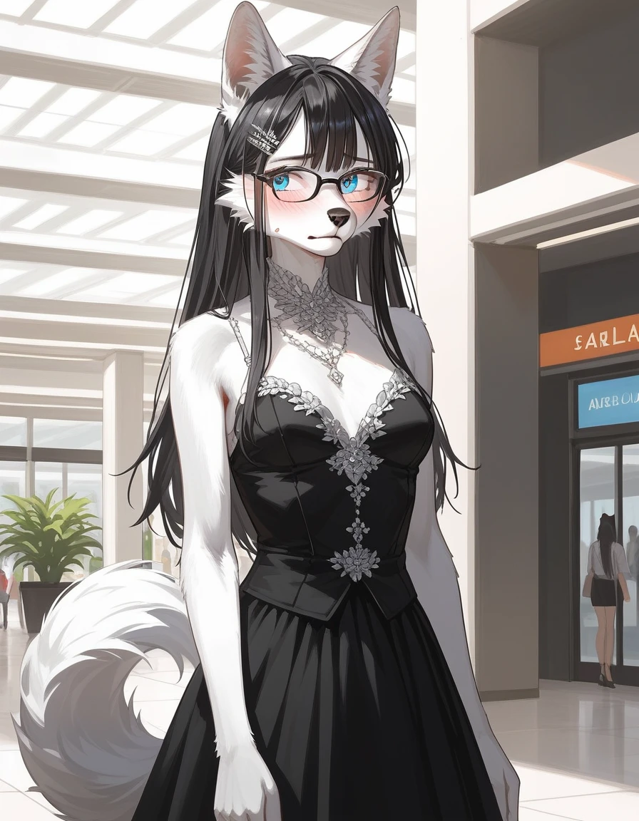 Solo, score_9,score_8_up,score_7_up, source_furry, an Anthro furry wolf girl, wolf snout, white furry body, white fur, detailed fur, tall, long black straight hair, elegant black hair, hair clip, white wolf tail, blue eyes, black glasses, white wolf ears, white wolf tail, small breasts, wearing elegant white blouse, short black skirt, fidgeting, embarrassed expression, blushing, looking away, outdoors at a mall, upper body shot, 