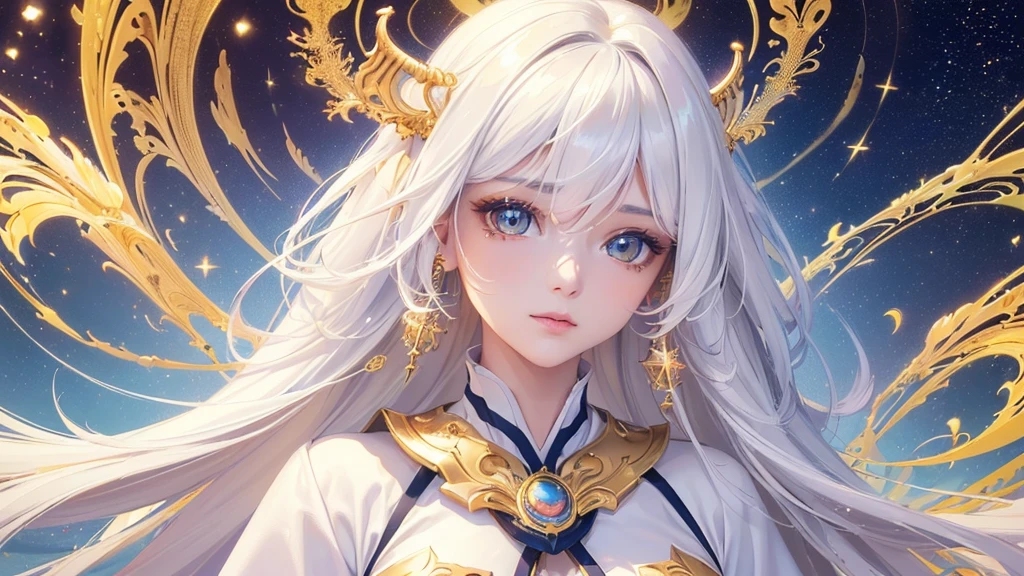 (work of art, maximum quality, best qualityer, offcial art, beautiful and aesthetic:1.2), (1 girl), extremely detailed eyes, (Fractal Art:1.3), colorfully, More Detailed, (face perfect), shining skin, hdr, (white cloak golden lines:1.2), Galaxy, (light stripes), stunning visuals, (dynamic stripes, luminous trails:1.2), swirly vibrant colors, (phoenix), (Dragon)