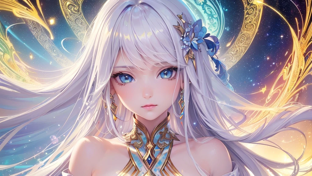 (work of art, maximum quality, best qualityer, offcial art, beautiful and aesthetic:1.2), (1 girl), extremely detailed  eyes, (Fractal Art:1.3), colorfully, More Detailed, (face perfect), shining skin, hdr, (white cloak golden lines:1.2), Galaxy, (light stripes), stunning visuals, (dynamic stripes, luminous trails:1.2), swirly vibrant colors, (phoenix), (Dragon)