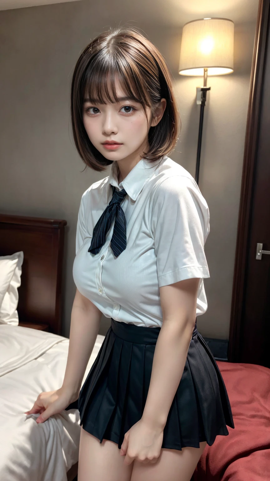 masterpiece, best quality, illustration, Super detailed, fine details, High resolution, 8K,wall paper, perfect dynamic composition,(Details High quality, realistic depiction of eyes:1.3),  (Hanging with hands tied above head、Kneeling), (collared shirt:1.1), pleated skirt, short bob hair、black hair color, Big Natural Color Lip, crying a little、 26 year old girl、beautiful legs, hotel room, gravure idol,  A tight collored shirt that expresses the roundness and softness of your chest., Don't expose it