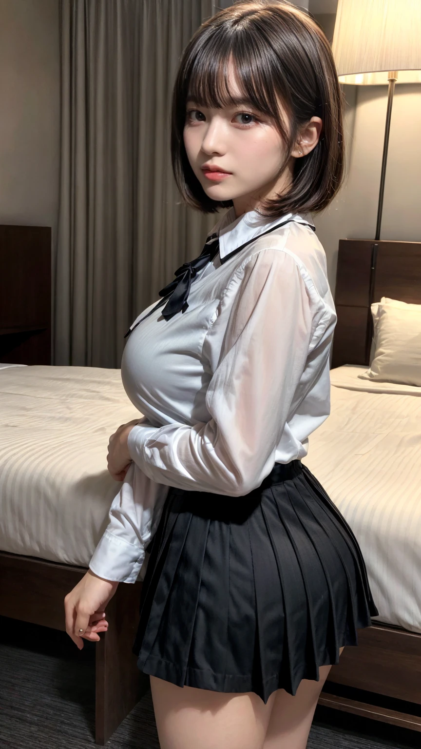 masterpiece, best quality, illustration, Super detailed, fine details, High resolution, 8K,wall paper, perfect dynamic composition,(Details High quality, realistic depiction of eyes:1.3), standing, (collared shirt:1.1), pleated skirt, short bob hair、black hair color, Big Natural Color Lip, bold sexy pose, crying a little、Harajuku style、acrobatic pose, 20 year old girl、cute type、lolita、beautiful legs, hotel room, gravure idol, Voluptuous thighs, huge breasts, Don't expose it