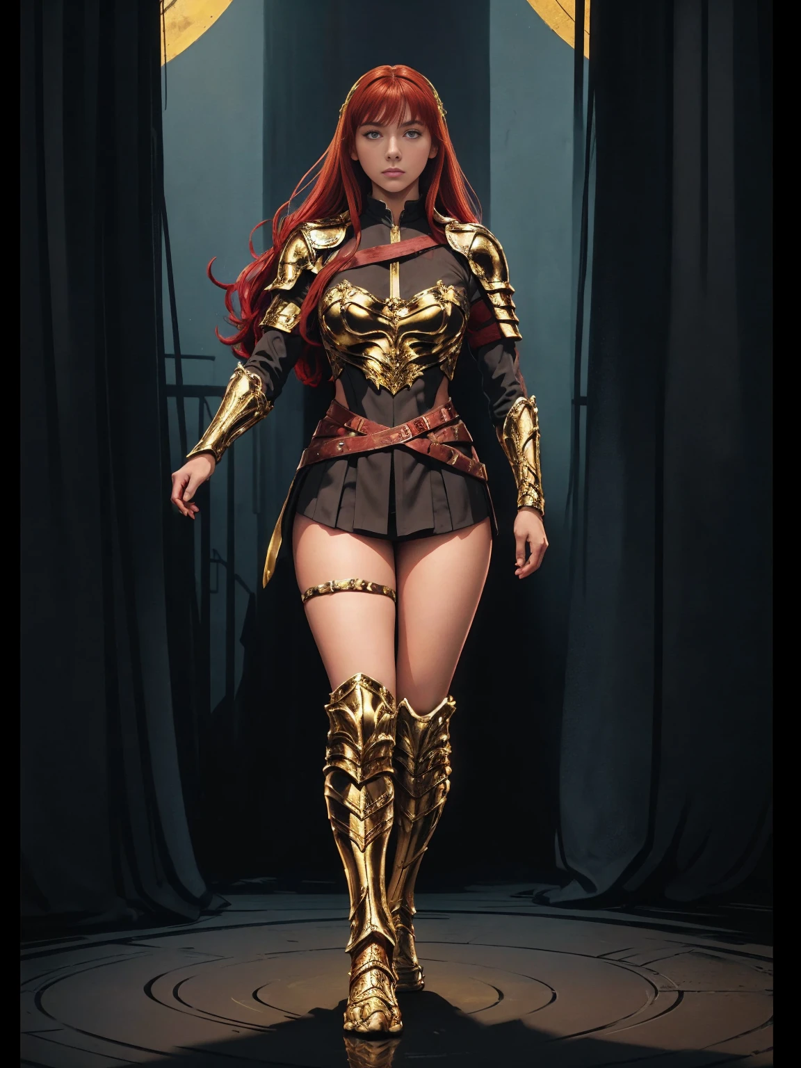 ((Full body photo,standing, feet on the ground)) Yara_flor DC, A red-haired warrior girl with yellow eyes wearing black and gold Yara Flor armor