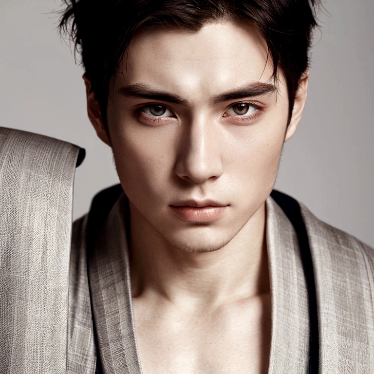 a 25 year old man with pale skin, abs, natural skin textures and lines, beautiful eyes, highly detailed lighting, amazing hair, extremely detailed face and eyes, portrait,japon,kimono fechado sem aparecer muito a pele