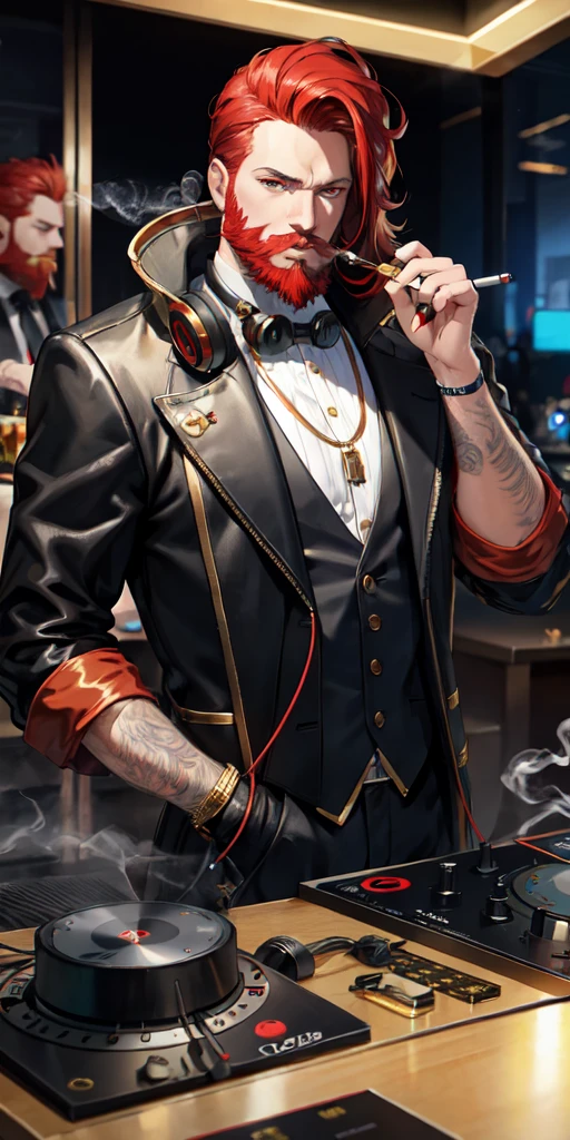 An oil tycoon DJ with red hair tied back, golden eyes, beard, and smoking a cigarette.