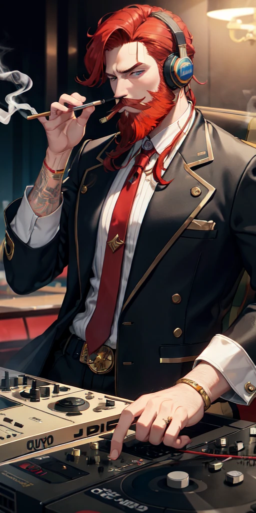 DJ with red hair, golden eyes, beard, smoking a cigarette, wearing oil tycoon clothes with headphones around his neck