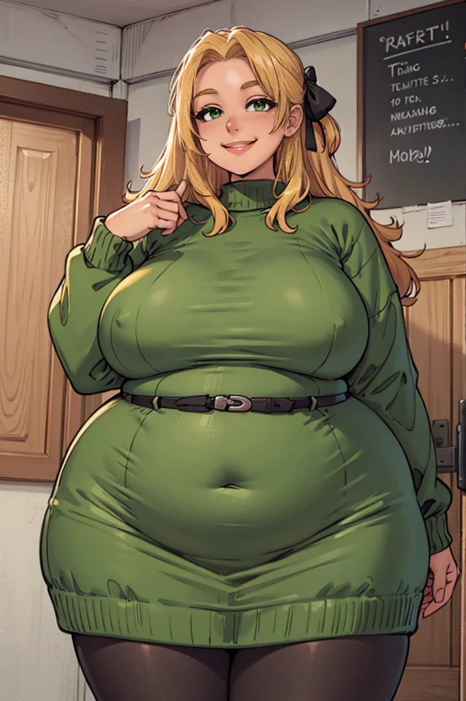 ((art by Kipteitei)), ((Masterpiece, best quality, perfect lighting, amazing shading)), (perfect anatomy, realistic proportions), field of depth, extremely beautiful, detailed face, ultra cute face, cute, long blonde hair, hair ribbons, green eyes, sweater dress, pantyhose, cute smile, (fat), belly, [belt], blushing, (elegant pose), bedroom background, detailed background