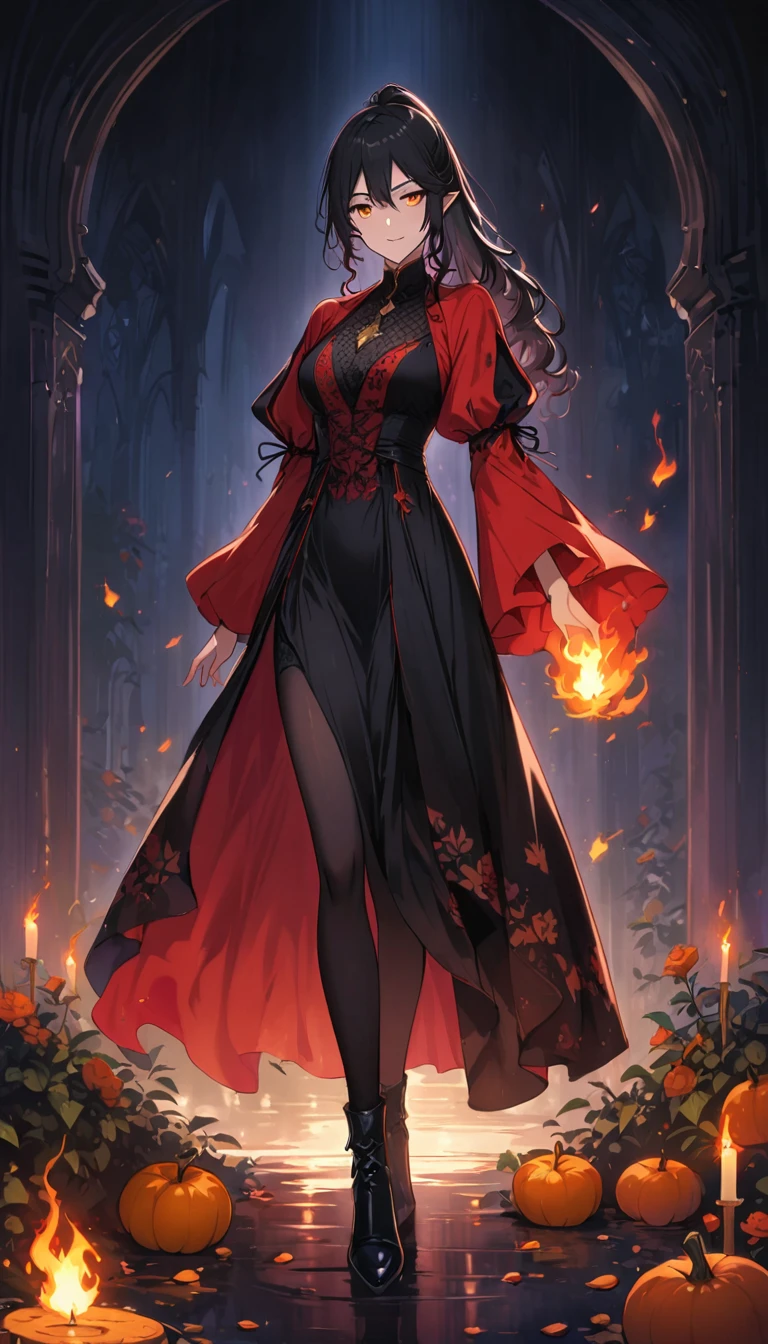 ((((Reina maestra, pzieura no michi, tennoitemasu)))), 1tzarabi, serious, sitting, (black hair, silver at temples:1), long wavy haired, ((almond eyes)), ((smeared flames around eyes:0.3toBe0.5 advocates balance and harmony in the world, ensuring k barn burning bright within candles during strikes against the darkly heartless. Slender and agile, his robes are the color of an autumn sunset.)), Roughly aroundTimes:35-38 years old vert text pos head slight chopstick smile, E gentle, lighting_soft, butternut_squash_background, cavern, ((character standing gracefully with hand extended showing highlighted flame))