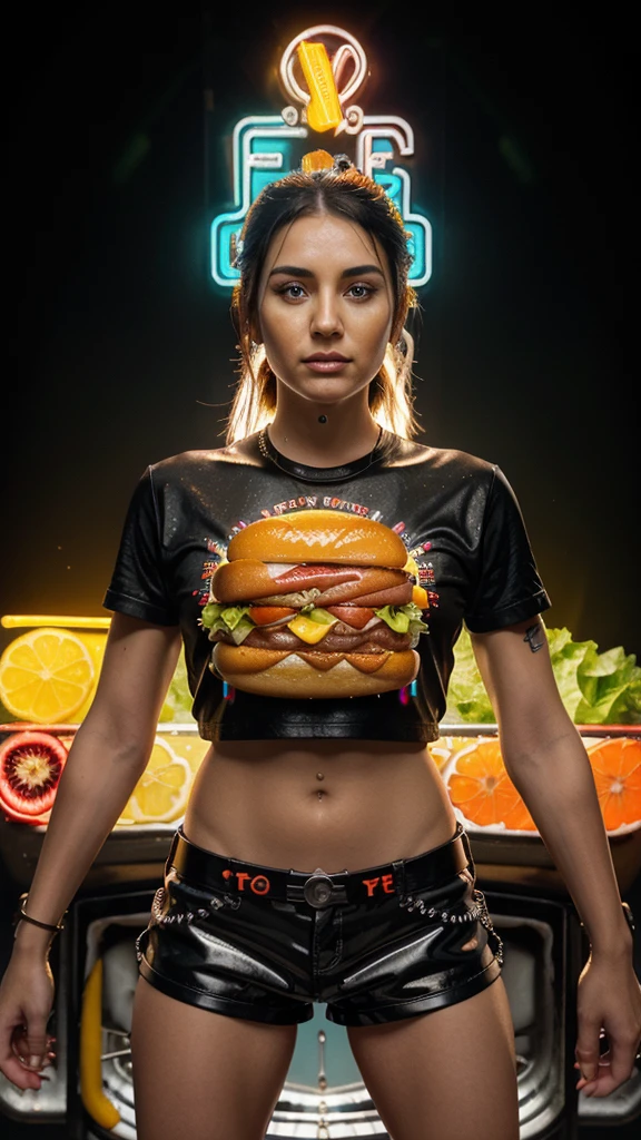 HOT hot dog, vintage soda ICE splesh and crazy slices of lettuce and tomato with black gears gradient background with a cool and powerful engine metal chrome accents, slices of oranges and lemons hyper realistic details of liquid neon splesh highlighting the word "FOOD DRINK" in the upper neon