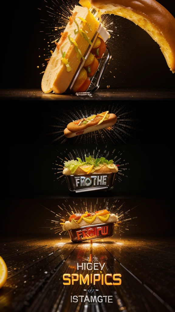HOT hot dog, vintage soda ICE splesh and crazy slices of lettuce and tomato with black gears gradient background with a cool and powerful engine metal chrome accents, slices of oranges and lemons hyper realistic details of liquid neon splesh highlighting the word "FOOD DRINK" in the upper neon