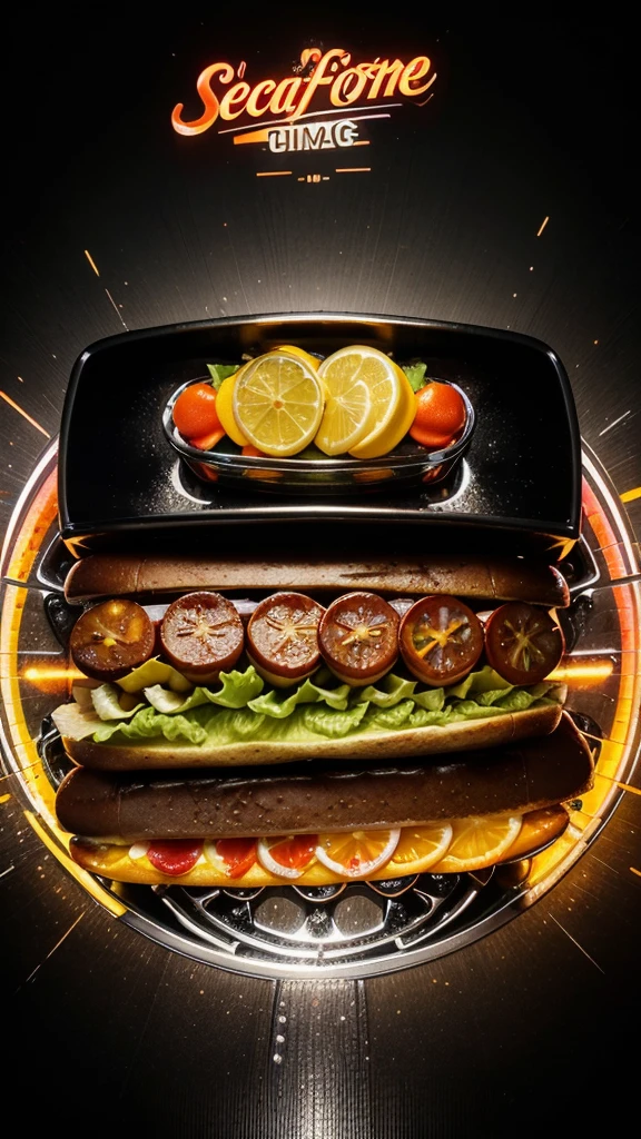 HOT hot dog, vintage soda ICE splesh and crazy slices of lettuce and tomato with black gears gradient background with a cool and powerful engine metal chrome accents, slices of oranges and lemons hyper realistic details of liquid neon splesh highlighting the word "FOOD DRINK" in the upper neon
