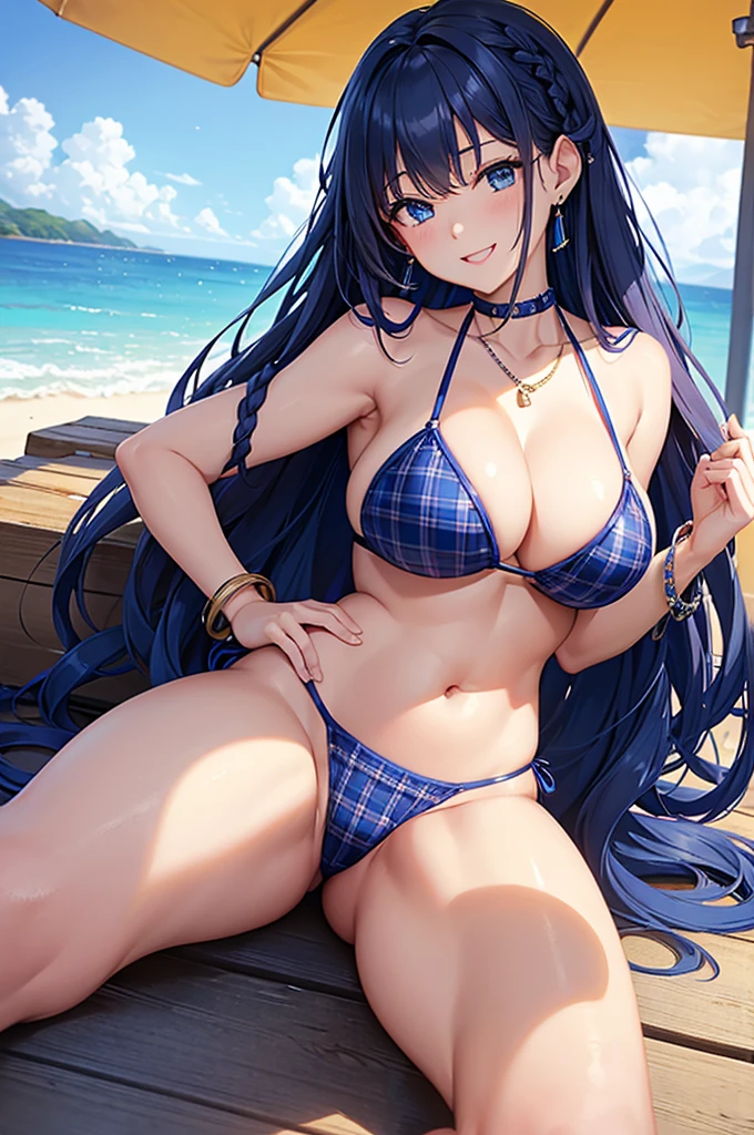 Highest quality、Highest quality、masterpiece、(8K),beauty(Age 25)、Navy blue long hair(Braiding of sides)、blue eyes、Sexy Bikini(Plaid)、Big cleavage、(Big Breasts)、smile、blue necklace、Blue Earrings、background(Beach)、Please open your mouth wide、bracelet、Arching pose、Blue choker