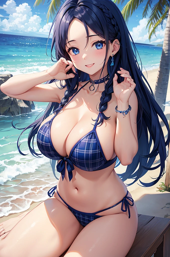 Highest quality、Highest quality、masterpiece、(8K),beauty(Age 25)、Navy blue long hair(Braiding of sides)、blue eyes、Sexy Bikini(Plaid)、Big cleavage、(Big Breasts)、smile、blue necklace、Blue Earrings、background(Beach)、Please open your mouth wide、bracelet、Arching pose、Blue choker