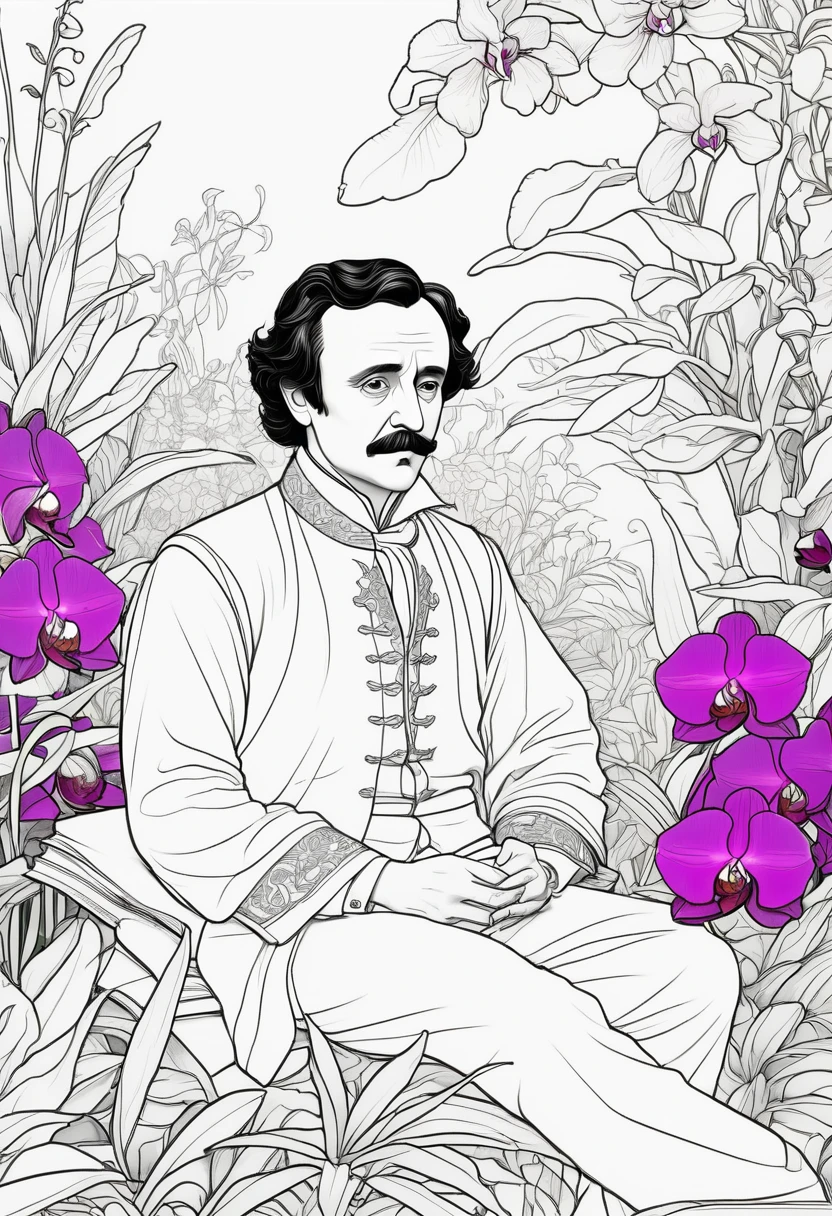 Line drawing, Pixar style, coloring page, Edgar allan poe resting among vibrant orchids in an Asian-inspired ColoringBookAF,blank white background,ColoringBookRedmond-ColoringBook