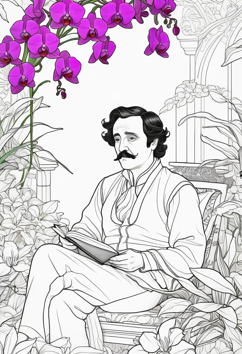 Line drawing, Pixar style, coloring page, Edgar allan poe resting among vibrant orchids in an Asian-inspired  ColoringBookAF,blank white background,ColoringBookRedmond-ColoringBook
