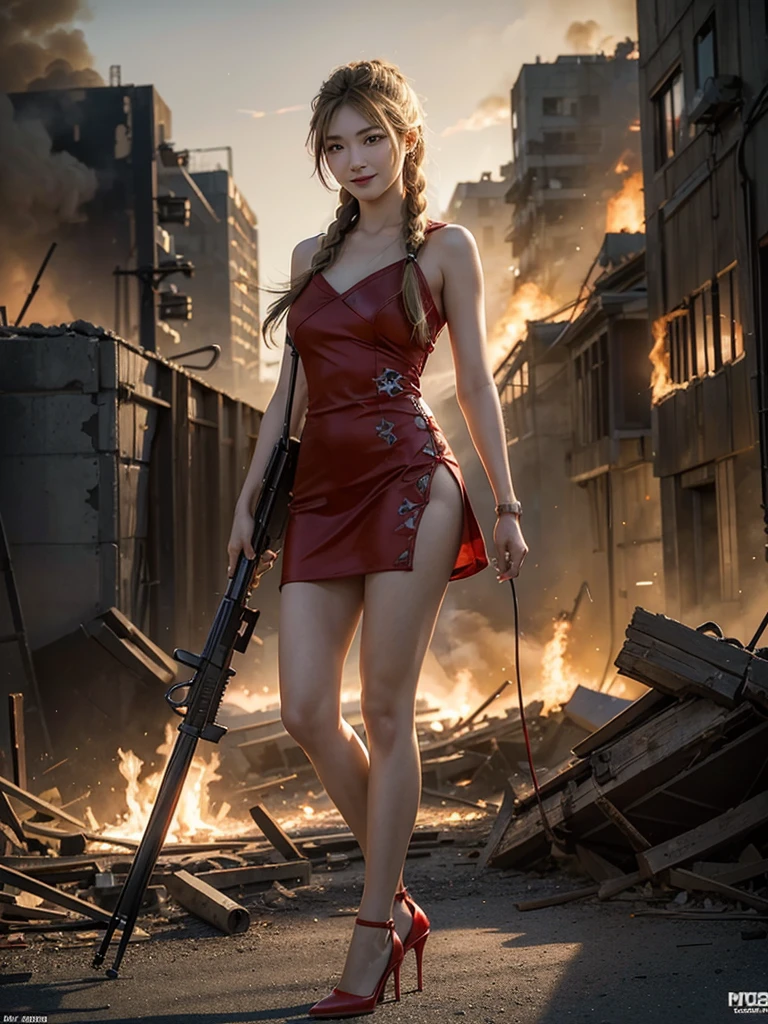 (Top quality,Ultra HD,lifelike: 1.4)(Cowboy Shooter 1),Beautiful armed girl, (K-Pop Idol) ,Detailed face,opposition,Perfect anatomy,Smooth skin,Professional lighting, (Wearing a red super short flame pattern dress,Red high heels,Blonde girl with two braids),Victory in battle,Smile of victory(background,Destroyed buildings,Fire, (Huge explosion) ) ,Full body close-up, (Holding weapon, Holding rifle, Purposeing, Purpose:1.2), gun, H&k hk416, 马gun, Fire,