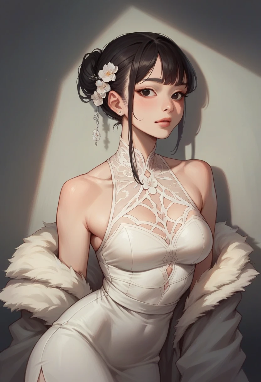 masterpiece, top quality, night, full moon, chinese style, ancient china, royal, cold expression, expressionless, long black hair, light pink lips, calm, intellectual, triple band, gray pupils, assassin, short knife, flower ball background, street view walk, facial details, (male focus: 1.5), abs, (pectoral muscles: 1.2), correct limbs, (NSFW:1.0), (1 boy: 1.2), female boy, prominent crotch, no breasts, heterochromic pupils