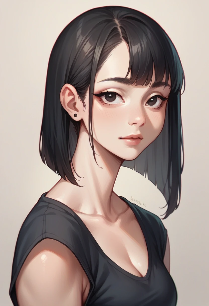 An Asian female character with black eyes, white, long black straight hair