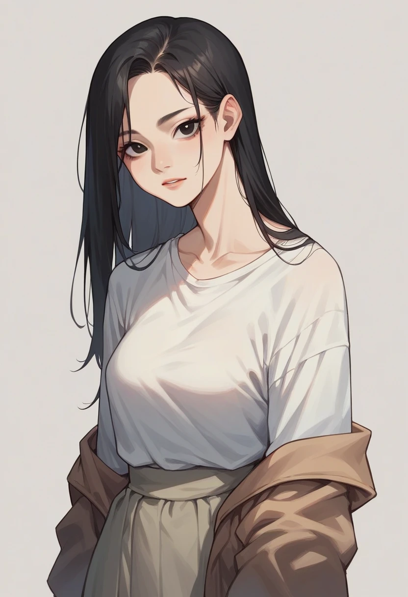 An Asian female character with black eyes, white, long black straight hair