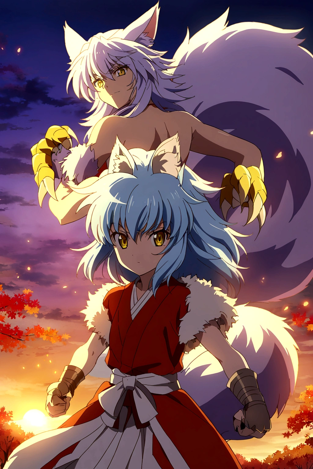 fox Light blue hair 　beast girl　indigo fur　fox beast girl　Sesshomaru, Yellow eyes, Anime, Perfect face, Perfect Lighting, Outdoors, Warm colors, Dark purple sky, Autumn sunset,  \(inuyasha\), Bearing Claw, Ready to fight