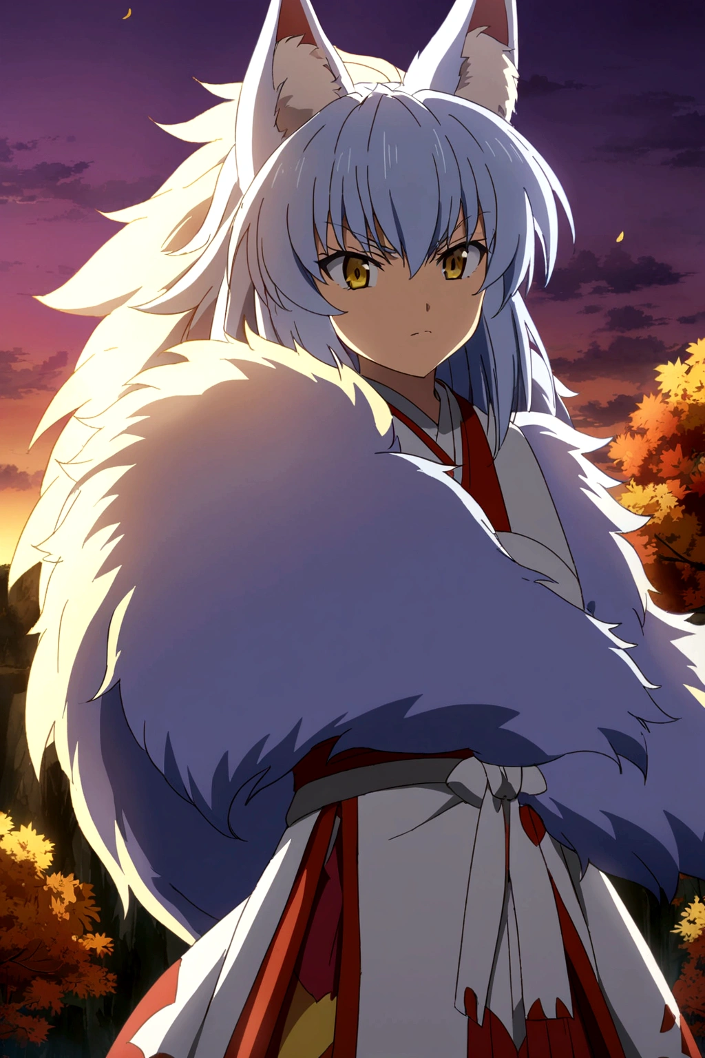 fox Light blue hair beast girl indigo fur fox beast girl Sesshomaru, Yellow eyes, Anime, Perfect face, Perfect Lighting, Outdoors, Warm colors, Dark purple sky, Autumn sunset, \(inuyasha\), Bearing Claw, Ready to fight
