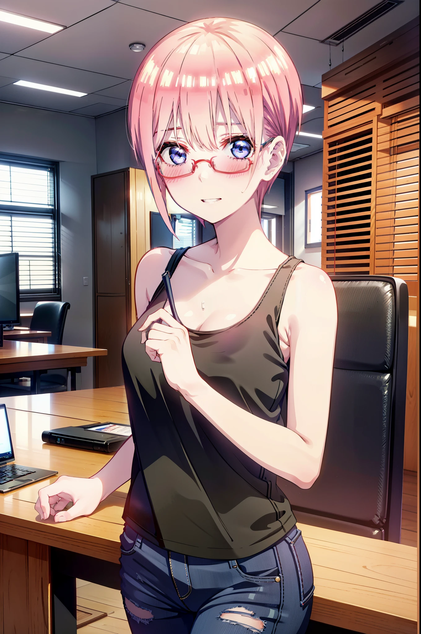 ichikanakano, Nakano Ichika, short hair, bangs, blue eyes, Hair between the eyes, Pink Hair, Grin,smile,Glasses,black tank top shirt,Skinny jeans,Stiletto heels,interior,There is a computer on the table,whole bodyがイラストに入るように,Walking,Daytime,Clear skies,
break indoors, office,
break looking at viewer,whole body,
break (masterpiece:1.2), Highest quality, High resolution, unity 8k wallpaper, (figure:0.8), (Beautiful attention to detail:1.6), Highly detailed face, Perfect lighting, Highly detailed CG, (Perfect hands, Perfect Anatomy),