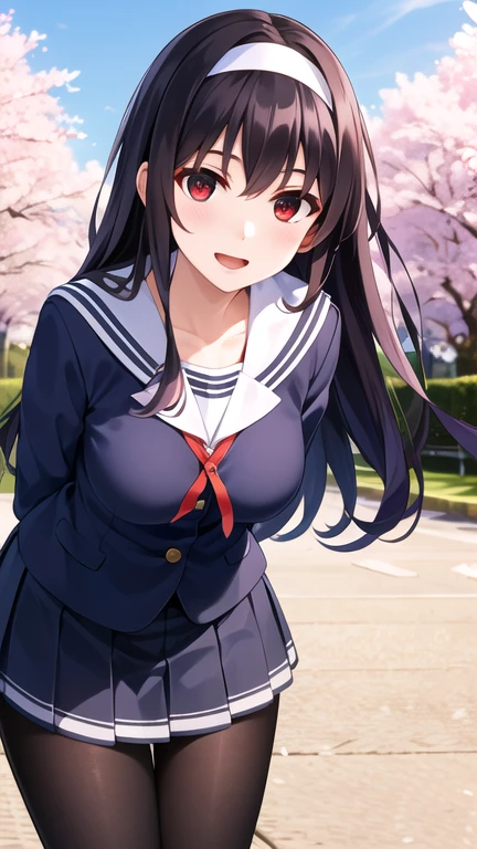 masterpiece, best quality, highres, aautaha, long hair, black hair, hairband, , sailor collar, blue blazer, long sleeves, pleated skirt, blue skirt, black pantyhose, arms behind back, cherry blossoms, outdoors, standing, cowboy shot, smile, open mouth, leaning forward,