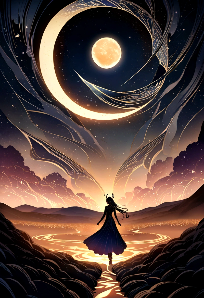 Backside view of an ethereal goddess of the night, a vibrant moth-winged black woman gracefully strolling through the mystical desert landscape. This mesmerizing image, reminiscent of an otherworldly album cover, exudes a captivating aestheticism. In the background, the barren desert is adorned with shimmering footprints, illuminated by a celestial glow that casts iridescent light upon them. As the moon and stars illuminate the night sky, the surreal photography captures the enchantment of this scene, transporting the viewer to a realm beyond imagination.