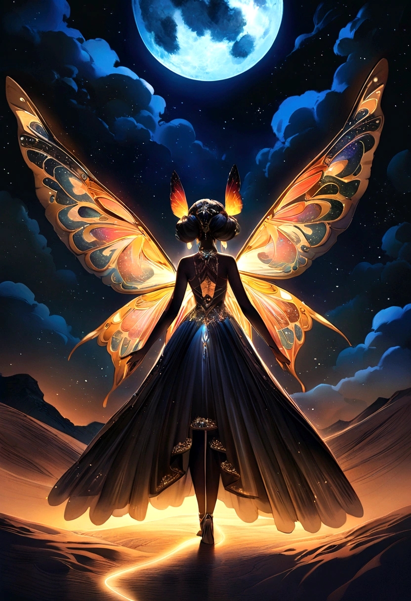 Backside view of an ethereal goddess of the night, a vibrant moth-winged black woman gracefully strolling through the mystical desert landscape. This mesmerizing image, reminiscent of an otherworldly album cover, exudes a captivating aestheticism. In the background, the barren desert is adorned with shimmering footprints, illuminated by a celestial glow that casts iridescent light upon them. As the moon and stars illuminate the night sky, the surreal photography captures the enchantment of this scene, transporting the viewer to a realm beyond imagination.