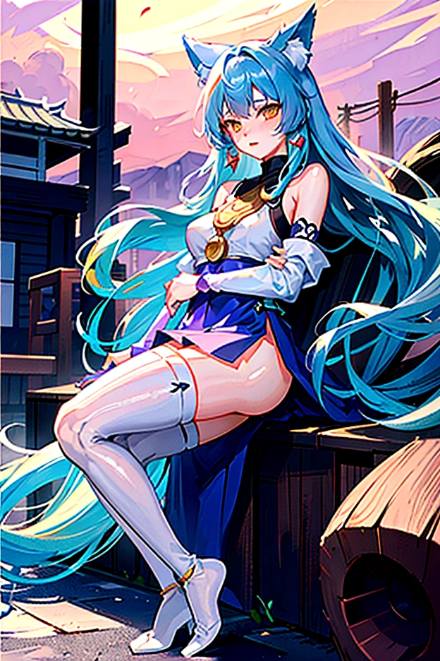 fox Light blue hair 　beast girl　indigo fur　fox beast girl　Sesshomaru, Yellow eyes, Anime, Perfect face, Perfect Lighting, Outdoors, Warm colors, Dark purple sky, Autumn sunset,  \(inuyasha\), Bearing Claw, Ready to fight