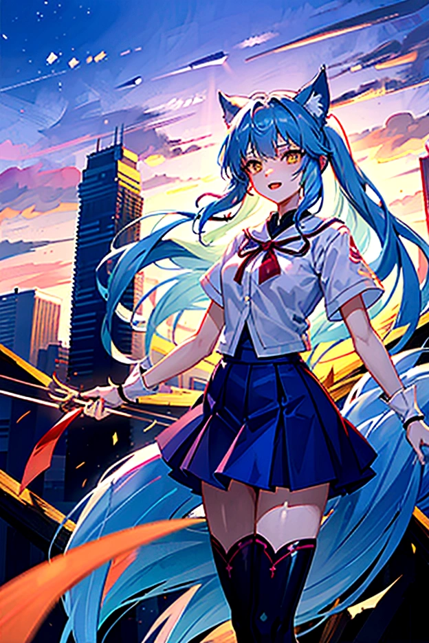 fox Light blue hair beast girl indigo fur fox beast girl Sesshomaru, Yellow eyes, Anime, Perfect face, Perfect Lighting, Outdoors, Warm colors, Dark purple sky, Autumn sunset, \(inuyasha\), Bearing Claw, Ready to fight