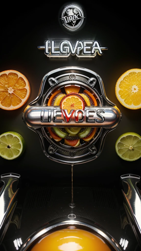 HOT hot dog, vintage soda ICE splesh and crazy slices of lettuce and tomato with black gears gradient background with a cool and powerful engine metal chrome accents, slices of oranges and lemons hyper realistic details of liquid neon splesh highlighting the word "FOOD DRINK" in the upper neon