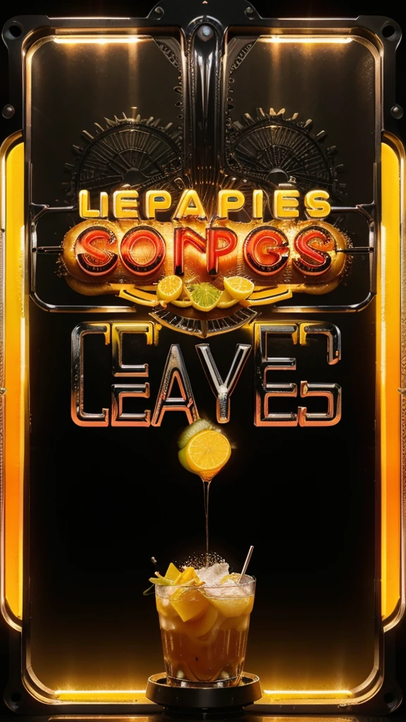 HOT hot dog, vintage soda ICE splesh and crazy slices of lettuce and tomato with black gears gradient background with a cool and powerful engine metal chrome accents, slices of oranges and lemons hyper realistic details of liquid neon splesh highlighting the word "FOOD DRINK" in the upper neon