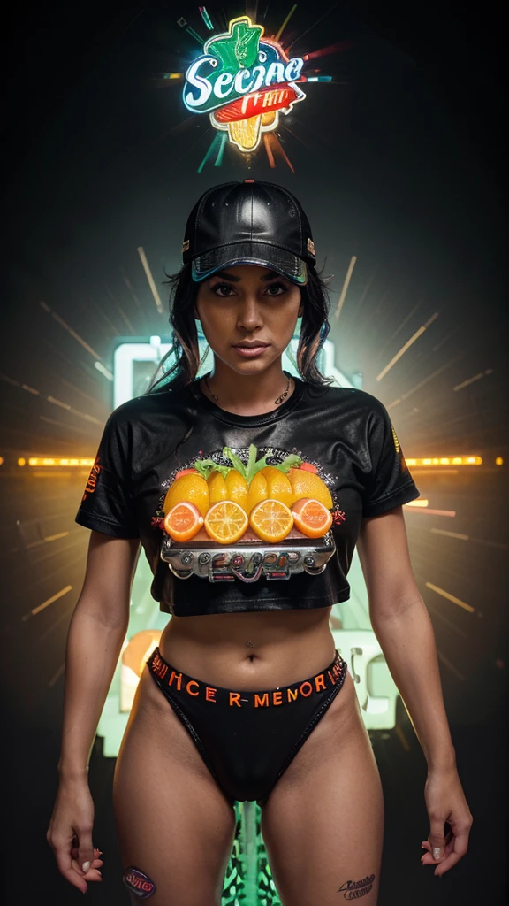 HOT hot dog, vintage soda ICE splesh and crazy slices of lettuce and tomato with black gears gradient background with a cool and powerful engine metal chrome accents, slices of oranges and lemons hyper realistic details of liquid neon splesh highlighting the word "FOOD DRINK" in the upper neon