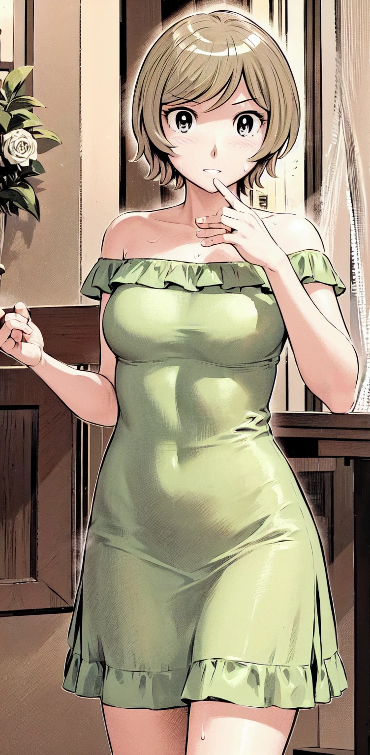 、(masterpiece、Highest quality)、Highest quality, Ultra-high resolution, (((masterpiece))), alone, Sweat、Big eyes,Show Viewer,
blonde,(short hair:1.2), (Highest quality:1.3),One Girl,Private Server、Floral dress、nature、Off the shoulder、Embarrassed face
