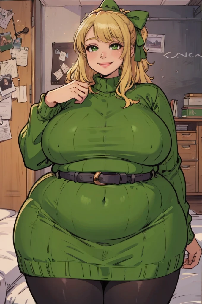 ((art by Kipteitei)), ((Masterpiece, best quality, perfect lighting, amazing shading)), (perfect anatomy, realistic proportions), field of depth, extremely beautiful, detailed face, ultra cute face, cute, long blonde hair, hair ribbons, green eyes, sweater dress, pantyhose, cute smile, (fat), belly, [belt], blushing, (elegant pose), bedroom background, detailed background