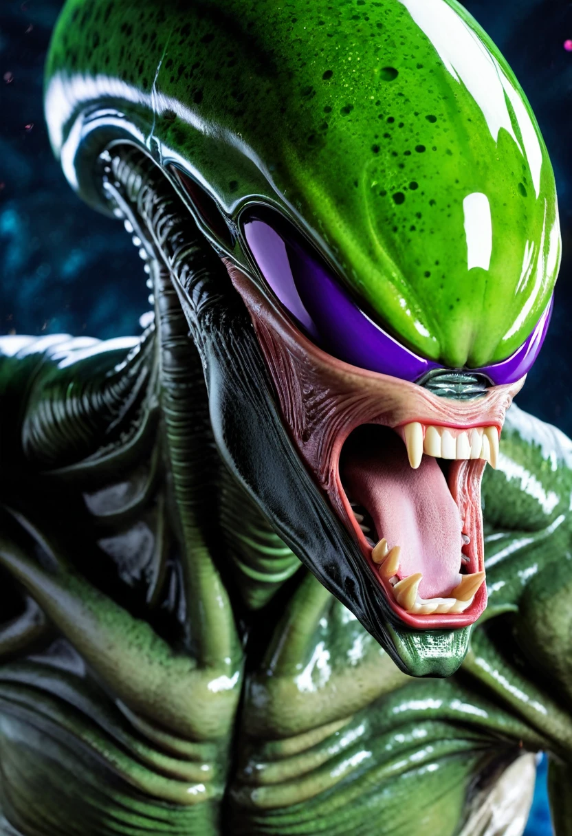 (((Extreme close-up Xenomorph Alien,(((Imperfect Hybrid Cell))) universe Dragon Ball Z front images Color Splash)))