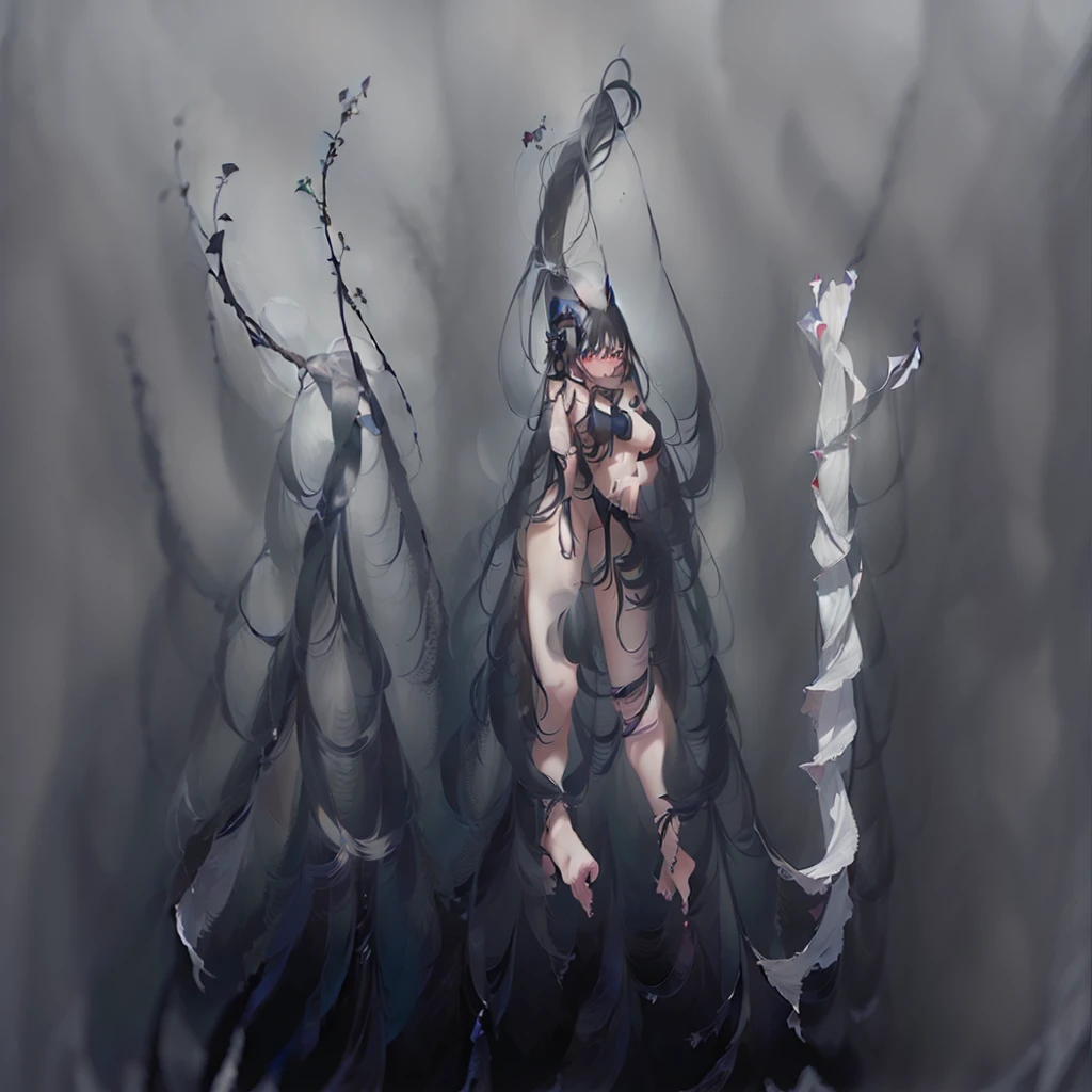 Cartoon drawing of a naked woman in the forest, Digital painting inspired by Asaf Hanuka, Art Station, Conceptual Art, Full body close-up shot, Characters are in natural poses, Frost clings to her skin, some Tentacles are touching her, The finer details. anime. Tentacles, Reusch |, Full body close-up shot, Enlarge