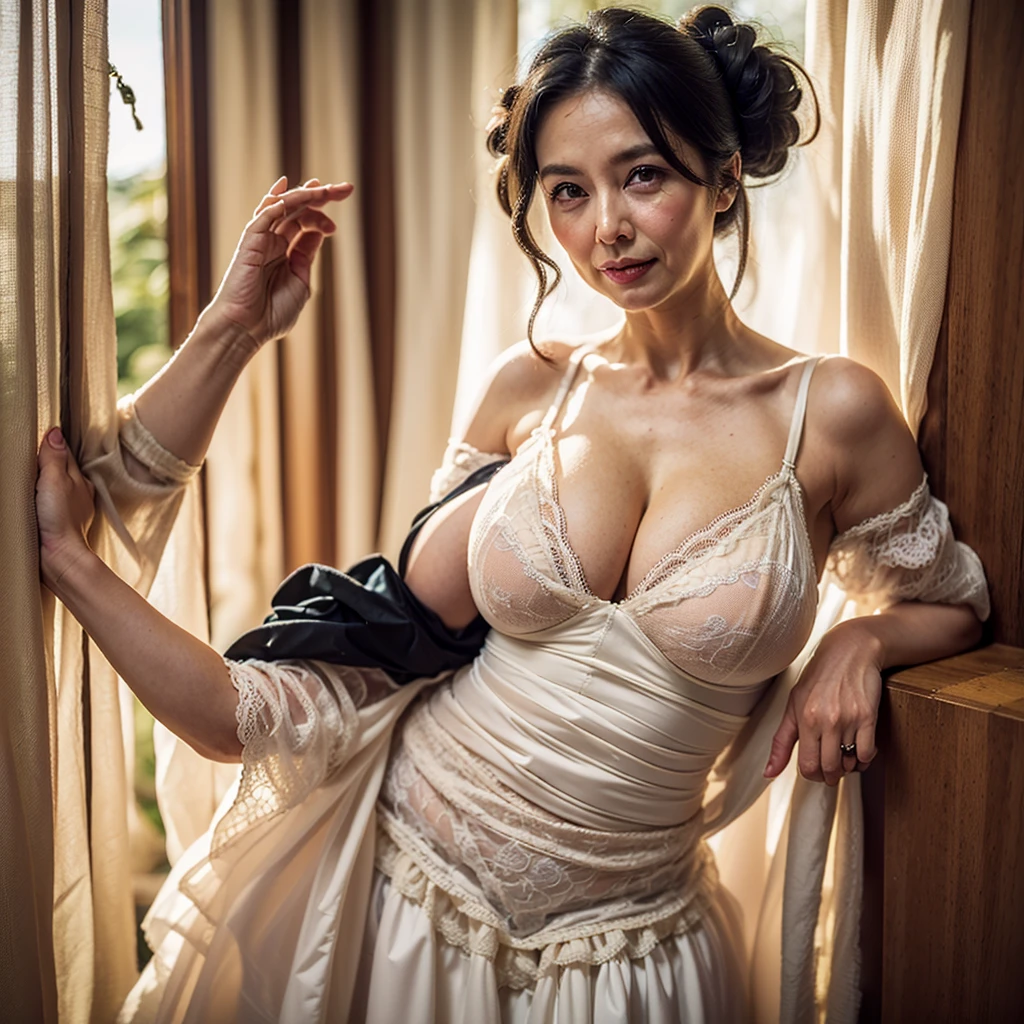 NSFW, ((highest quality)), ((8K)), ((masterpiece:1.3)), (be familiar with), perfect face, no underwear, hairy pussy, ((japanese woman)), (Married woman), ((47 years old)), (( giant big big sagging breasts:1.5 )), large hips, slim waist (((Layering petticoat dress and underwear))), ((Silk petticoat dress)), (Transparent white pericoat dress:1.05), (white bra:1), (2 sets of shoulder straps), (Bunty), (wrinkles on the face:1.2), ((wrinkles at the corners of the eyes)), A slight smile, lips aprt, hairy vagina, pubic hair seen abover underwear,
