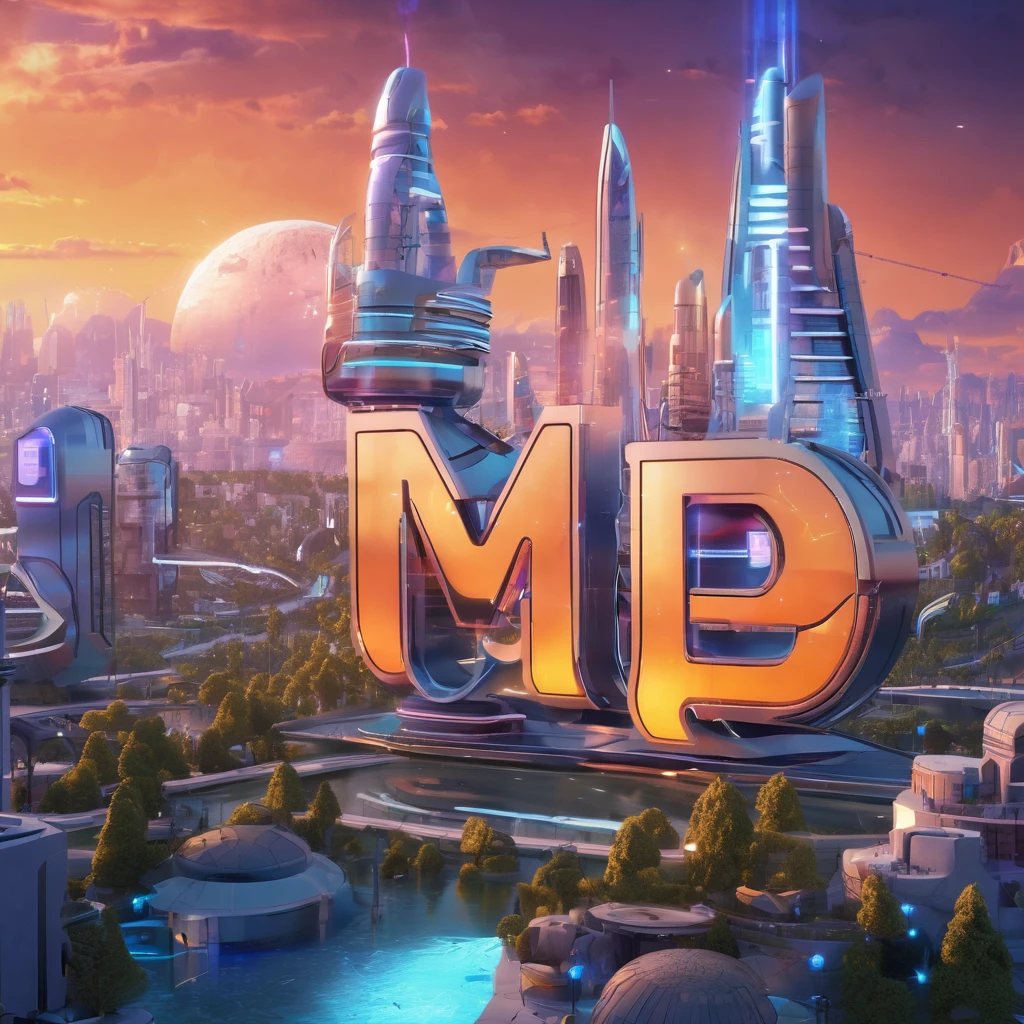 a futuristic city with the word "MP" in front of it, 3d character art, single logo, inspired by Mikoláš Aleš, by Emiliano Di Cavalcanti, magic lighting overlays, in style of niko pirosmani, tvp, season 3 (1997), app, n 2, 3d cg