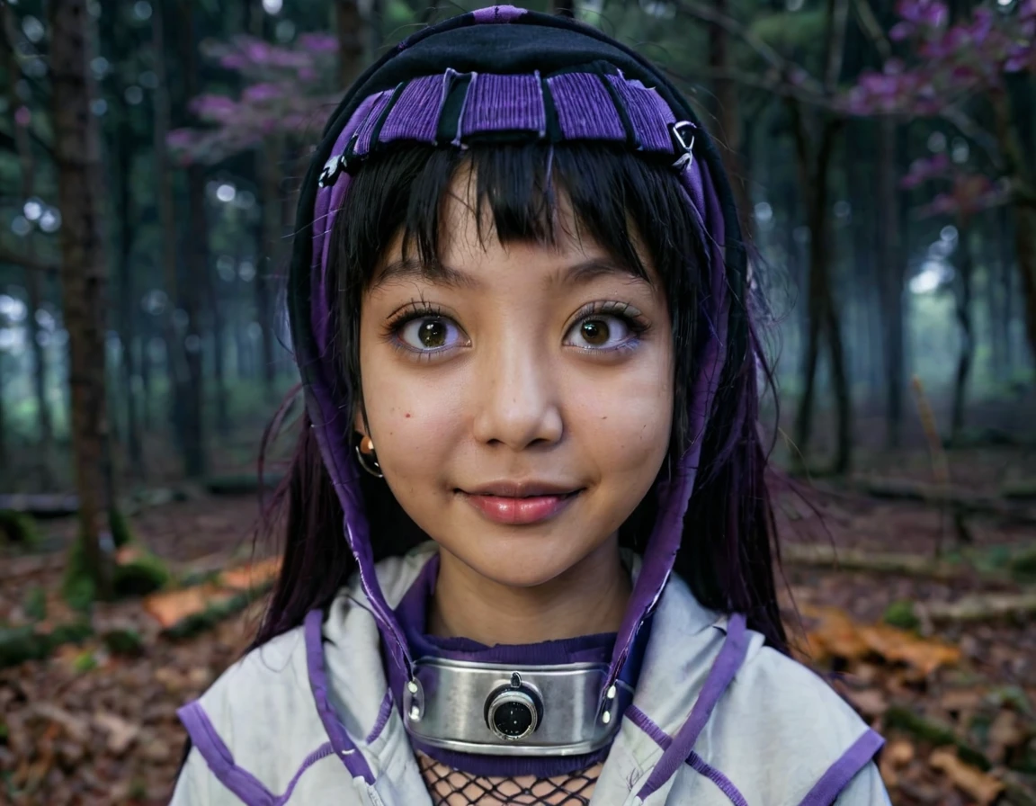 Portrait of a girl, Hinata Hyuuga, wearing a hoodie, steel headband on her neck, light purple eyes, forest background, (highly detailed face:1.4) (smile:0.7) (background inside dark, moody, private study:1.3) POV, by lee jeffries, nikon d850, film stock photograph ,4 kodak portra 400 ,camera f1.6 lens ,rich colors ,hyper realistic ,lifelike texture, dramatic lighting , cinestill 800