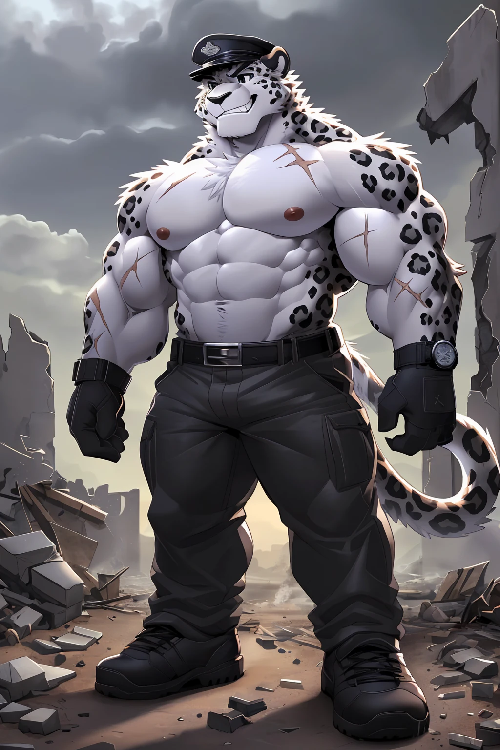 (sfw:1.5), male focus, soldier, Handsome 1boy, solitary,protrait photo, (Black thick eyebrows, Black nose:1.3),single, White skin, (White tail:1.4), (Perfect black eyes:1.4), (White ears, White body:1.4),(White belly, White chest, White inner arm:1.3), (Black leopard spots:1.4),
White Leopard, feet, lion, lion boy, lion body, (evil eyes, large eyes:1.4), (Leopard tail:1.4), (Chubby, The body is huge, Larger face:1.4), (Lots of scars, lots of scars, Lots of scars:1.4),
(black military uniform:1.3), (black military uniform裤, military trousers:1.3), (Short-sleeved black uniform, Black gold uniform:1.4), (Wearing clothes:1.3), (Black gold belt:1.4) ,(black military cap:1.4), (black military shoes, Black short shoes:1.3), (Black watch:1.5), (short glove, Black gloves:1.4),
(full body:1.3), (Mature men:1.4), (Strong body, Large size:1.4), (Strong body, muscle,Strong male, muscle男:1.4), Bare chest muscles, (Red nipples:1.1), (Abdominal muscles:1.4), 裸露的Abdominal muscles, belly button, (Thick arms, Strong and strong legs, Strong legs:1.4), (look up, Standing:1.3), (Looking at the audience, Focus, Eyes gaze:1.1), (arrogant, Disdain, conceited, despise, Contempt, despise, laugh at:1.4), (evil smile, evil grin, Smirk:1.4),
full background, (ruins, , rubble, gravel, wood chips, Broken buildings, Gunsmoke:1.3), daytime, (Gray sky, cloudy day, dark clouds:1.2),
Mysterious and romantic atmosphere, Caustic lines(refraction, polarization)Perfect anatomical structure, absurd, Detailed background, (Delicate eyes:1.3),Printing style。((artist:Takemoto Arashi))