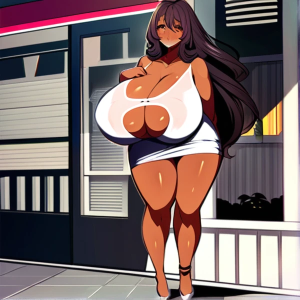 ((masterpiece)), ((best quality)), (ultra-detailed), (extremely detailed), {best illustration}, ((standing , ((big breasts)), ((huge breasts)), massive breasts, long black messy hair, african, dark-skinned female, dark skin, thick thighs, kind face, tired face, solo, prostitute, white mini dress, white mini dress, no panties, full body, no bra, huge breasts, older woman, full body, huge ass, soft thighs, cleavage, aroused, milf, beauty mark around mouth, giant breasts, beauty marks all around body, large areola, round face, soft breasts, wife, motherly, 40 years old, exposed pink areola, facing viewer, looking at viewer, mature face, calm face,