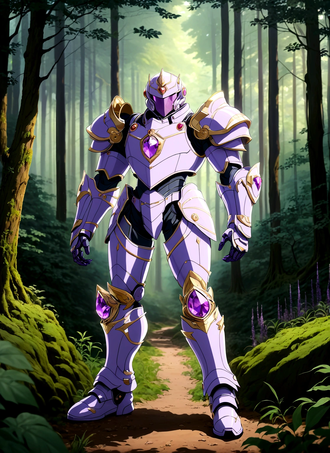 a fighter, Alone, pale purple light full armor, sharp armor, gold outlined, full body armor, purple gem inlay, Standing, in a forest in the background, anime screencap, full body shot, anime style, Masterpiece, The best quality, Very detailed, necessary, high resolution