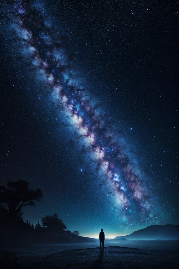 galaxy background, person in the background, big tree