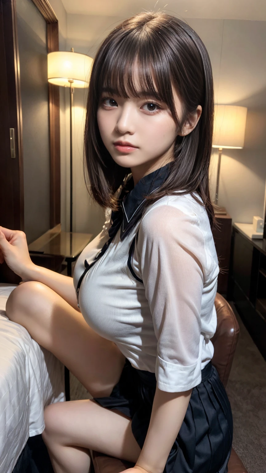 masterpiece, best quality, illustration, Super detailed, fine details, High resolution, 8K,wall paper, perfect dynamic composition,(Details High quality, realistic depiction of eyes:1.3), from side, standing, (collared shirt:1.1), pleated skirt, short bob hair、black hair color, Big Natural Color Lip, bold sexy pose, crying a little、Harajuku style、acrobatic pose, 20 year old girl、cute type、lolita、beautiful legs, hotel room, gravure idol, Voluptuous thighs, large breasts