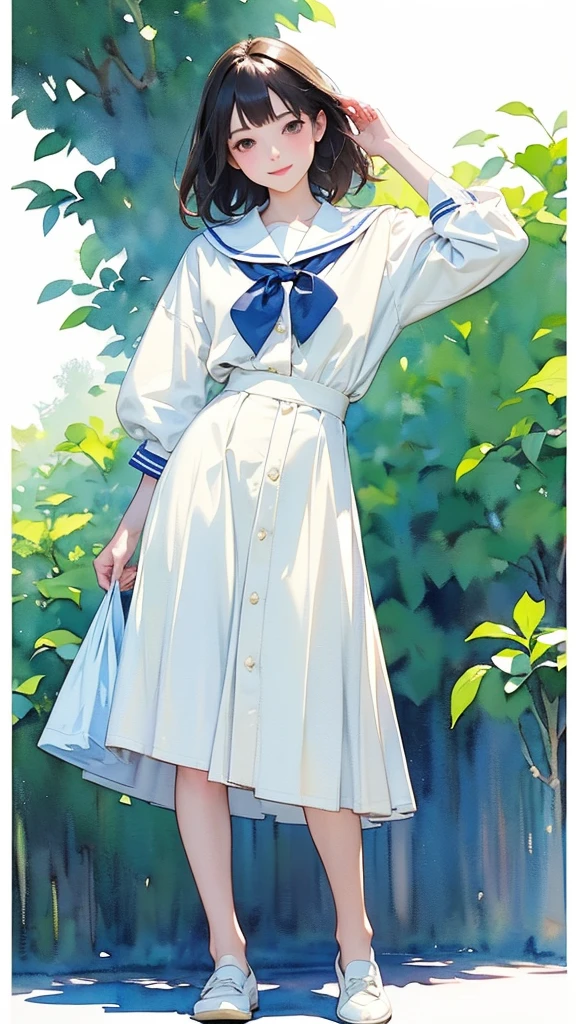 (1 Girl、alone、whole body、natural standing posture)、(Standing casually)、(whole body:1.4)、(whole bodyショーケース)、(whole bodyを見せる)、((Character Concept Art))、(Portraiture:1.2)、(Detailed facial depiction、A kind smile)、Short dark brown hair、White Sailor Suit、Navy blue sailor collar、uniform、Short skirt:1.37、超Short skirt、shoes、loafers、(Vintage、Classic)、((No background))、((White Background))、Blur the background、(No logo)、((Watercolor of singer Sargent))、Impressionist style painting、(Highest quality、masterpiece)、