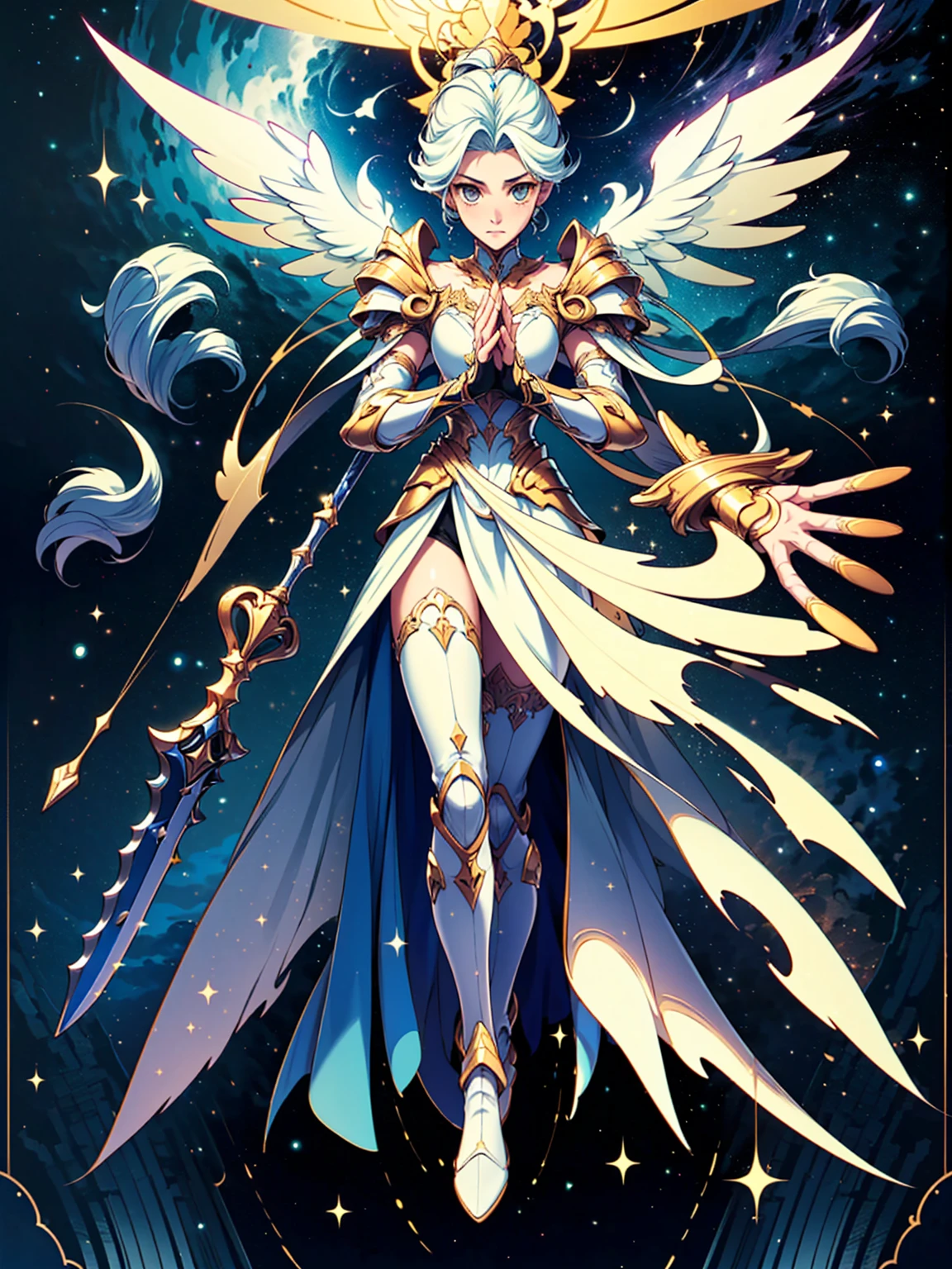 (((masterpiece, best quality, high detailed, 8k))) Design a layout showcase Gaming character, (1girl). Gold|White clothes, stylish and unique. ((showcase weapon:1.4)), celestial bow. (masterpiece:1.2), (best quality), 4k, ultra-detailed. (Step by step design, layout art:1.5), (luminous lighting, atmospheric lighting). celestial archer, ((glove full hands)), (((revealing clothes:1.3))), vambraces, armored legwear, (((full_body_shot:1.4))). {In a starry sky}.