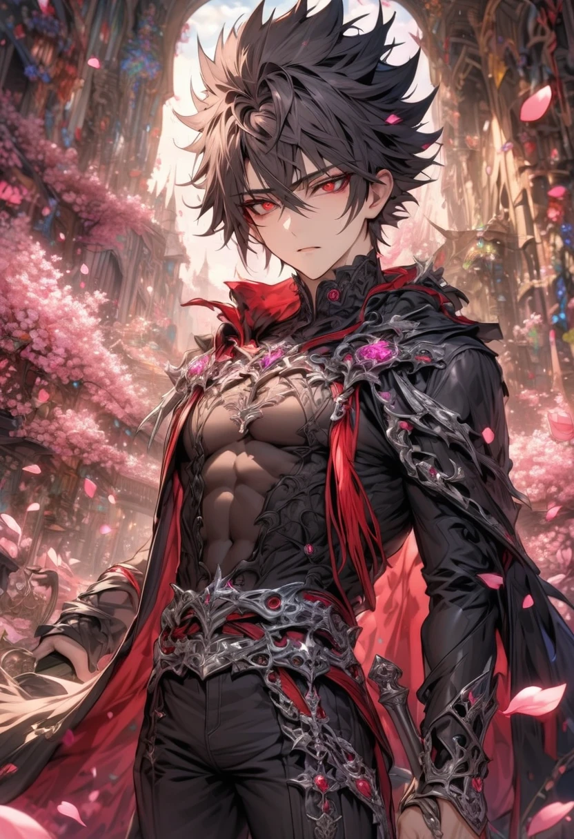 absurdres, highres, ultra detailed, HDR, master piece, best quality, Kaerius, black hair, spiked hair, hair between the eyes, expressive red eyes, Dream and Legacy, solo, sexy, man holding a sword, handsome, black coat, black tight T-shirt, belt around his chest, silver accessories, fantasy, pink flowers, blossoms, magical, pink petals